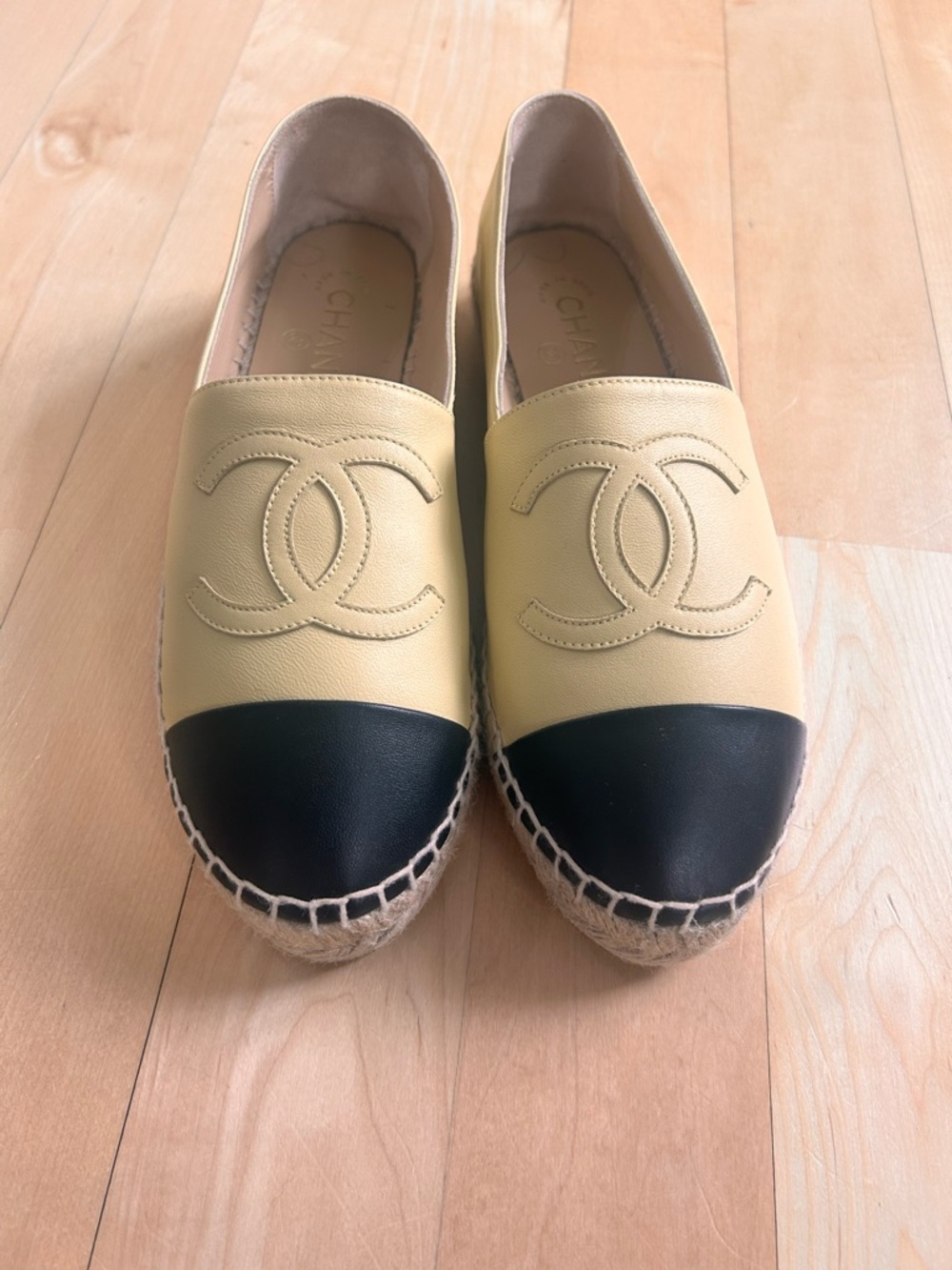CHANEL Beige Leather Espadrille with Black Cap Toe new no box - Brand new